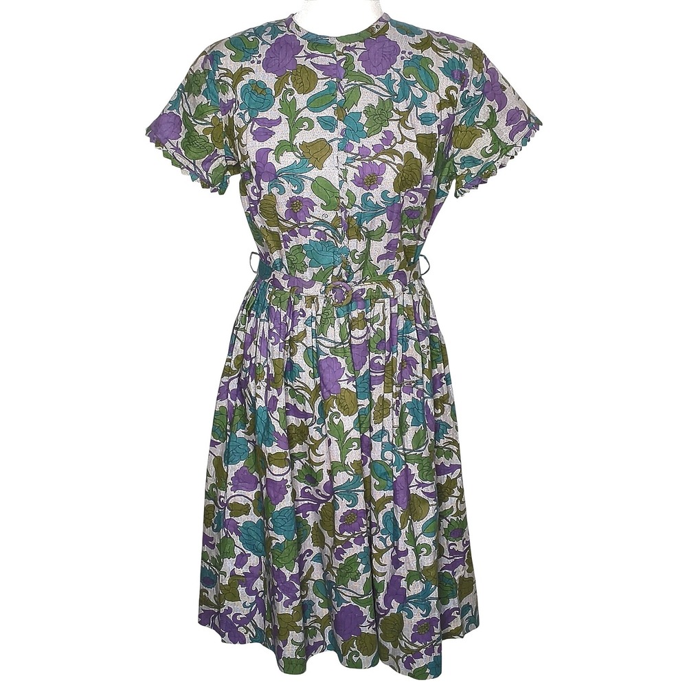 Vintage Mode O'Day Floral Day Dress Women Small Purple Green Short Sleeve Belted